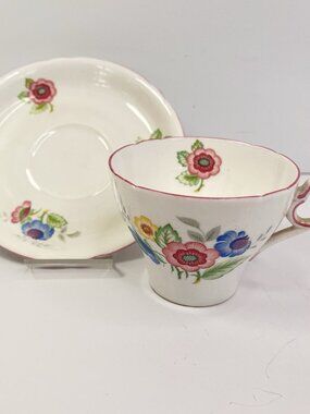 Shelley Fine Bone China Teacup And Saucer Set White Pink Blue Floral 0193 UK